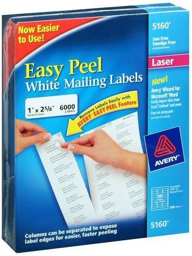 Avery Easy Peel Address Labels, Laser, 1" x 2-5/8", 8-1/2" x 11" sheets, White, Permanent, 30-up, 200-sheets, 6000/Box (85560)