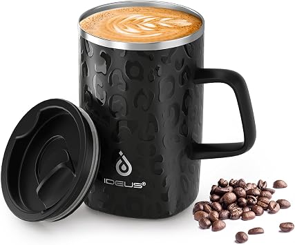 Ideus 16 oz Insulated Coffee Mug with Lid and Handle, Leopard Black