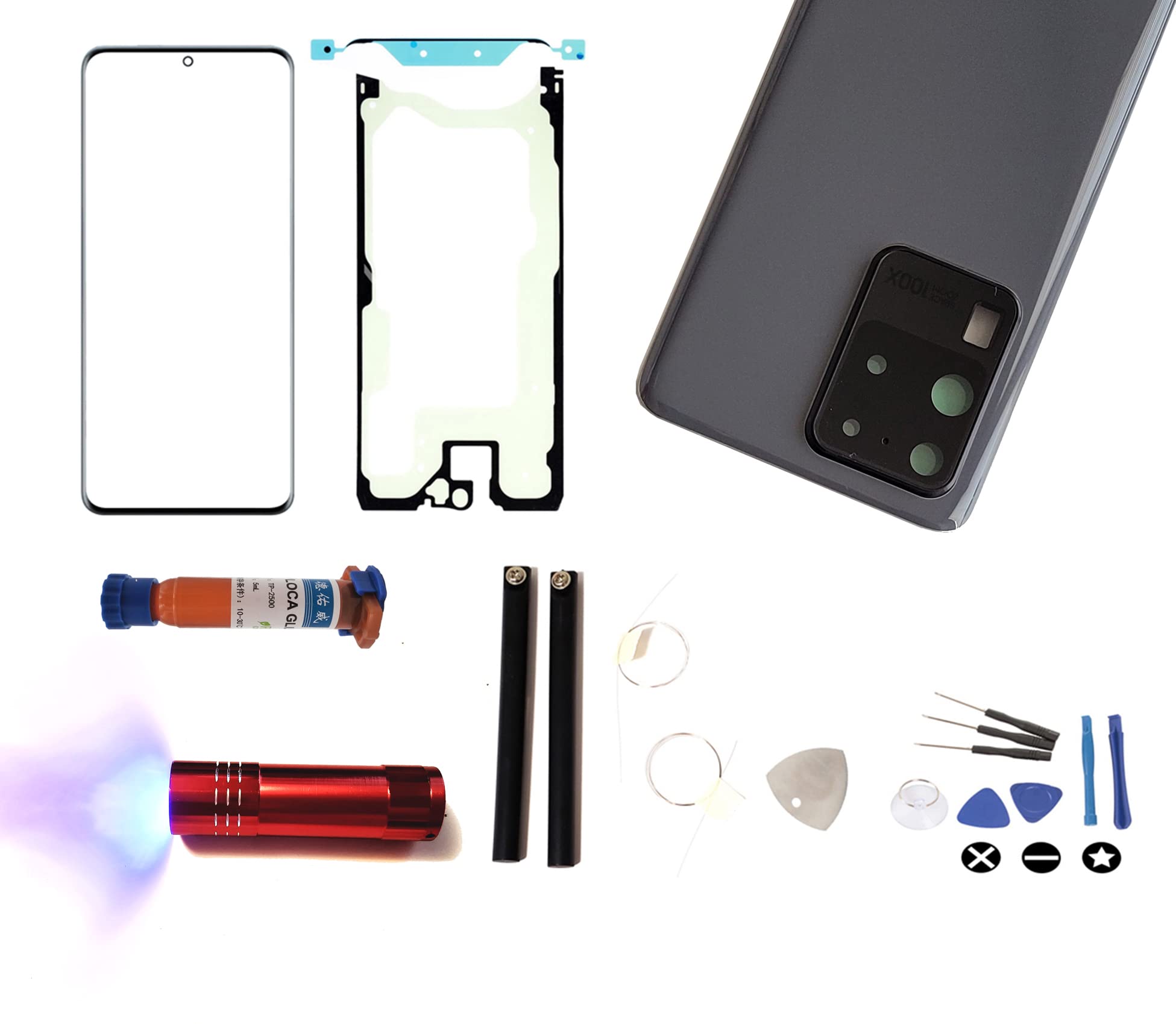 MD0410 Screen Repair Kit Compatible with Samsung Galaxy S20 Ultra G988 - Front Outer Glass Lens + Rear Back Door Housing Cover Replacement (Cosmic Grey)