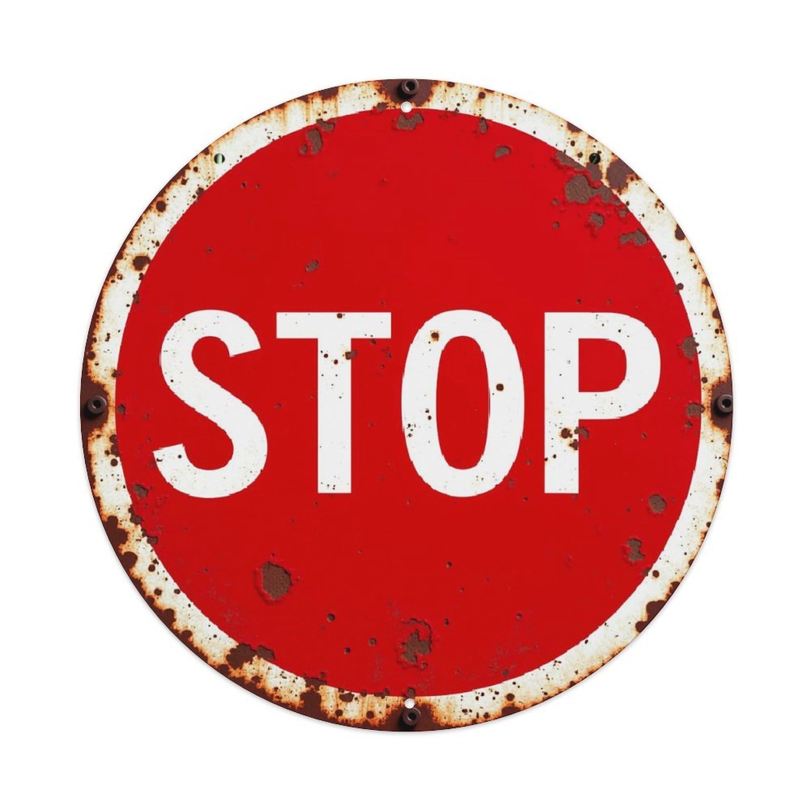 Rusty Red Stop Sign Pattern Vintage Metal Tin Sign Retro Wall Decor for Home Bar Garage Cafe, Indoor & Outdoor Decorative，circle Metal Poster, 8x8 Inch