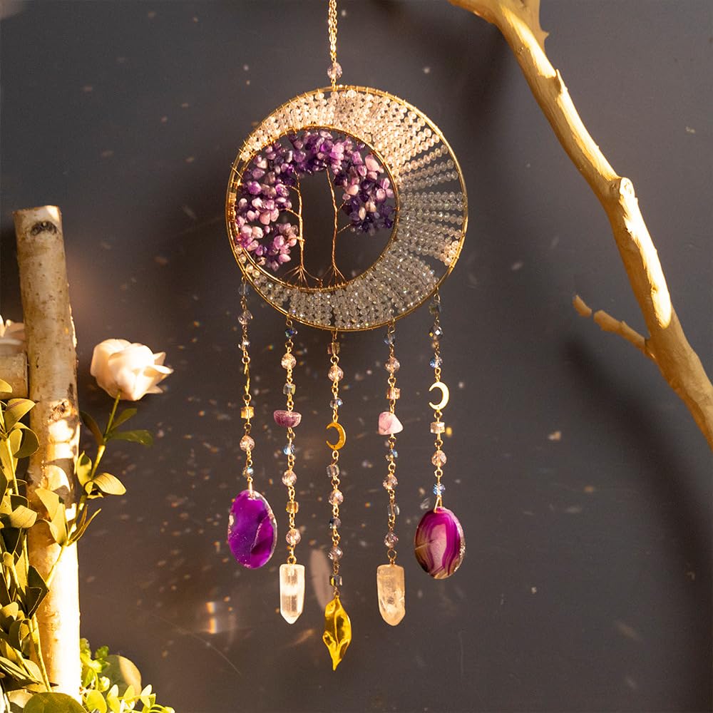 Kryształowa ozdoba odbijająca światło, Ametystowe kryształowe drzewo życia Suncatcher z zawieszkami w kształcie półksiężyca 49x16cm