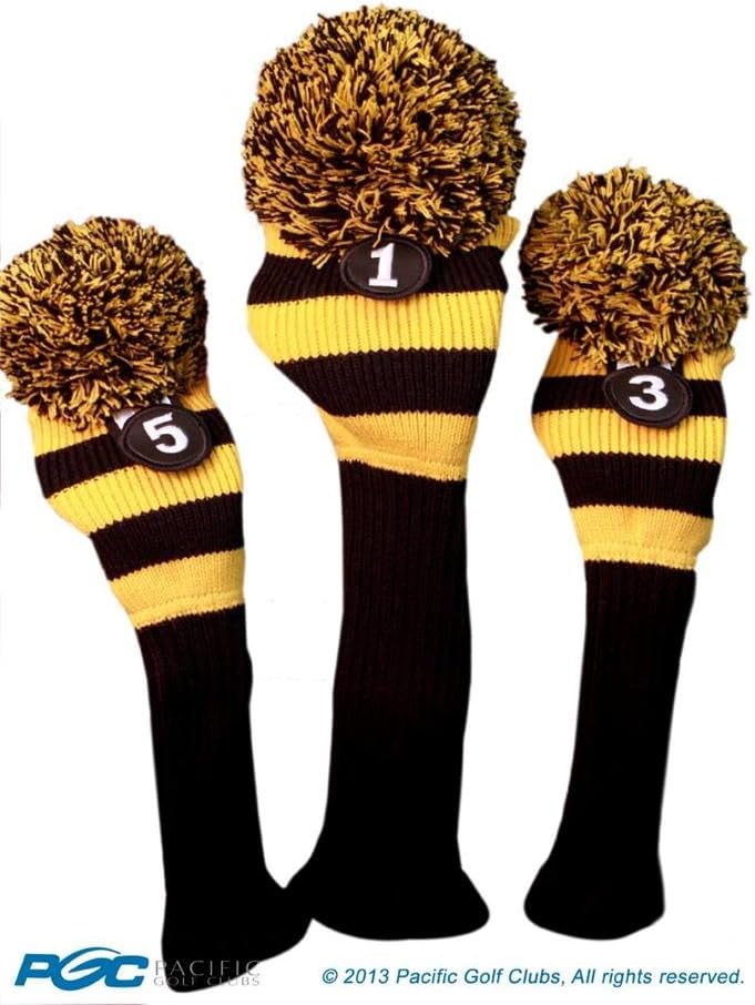 Majek Golf Club 1 3 5 Yellow and Black Limited Edition Driver and Fairway Wood Head Covers Fits 460cc Drivers Tour Knit Retro Vintage Pom Classic Long Neck Metal Longneck Woods Headcovers