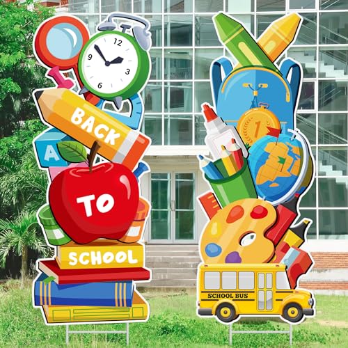 Funnymoom 2 Pcs Welcome Back to School Yard Signs Large First Day of School Lawn Sign Cards with Metal Stakes Party Waterproof Outdoor Garden Yard Decorations for Greeting Students(Cute)