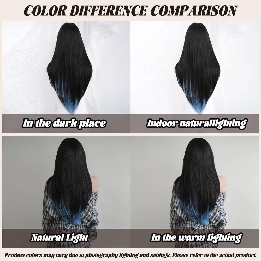 Haarpflege Lange Gerade Geschichtete Schwarze Blaue Perücke Für Frauen Bescheidene Wear and Go Perücken Mit Ordentlichem Pony