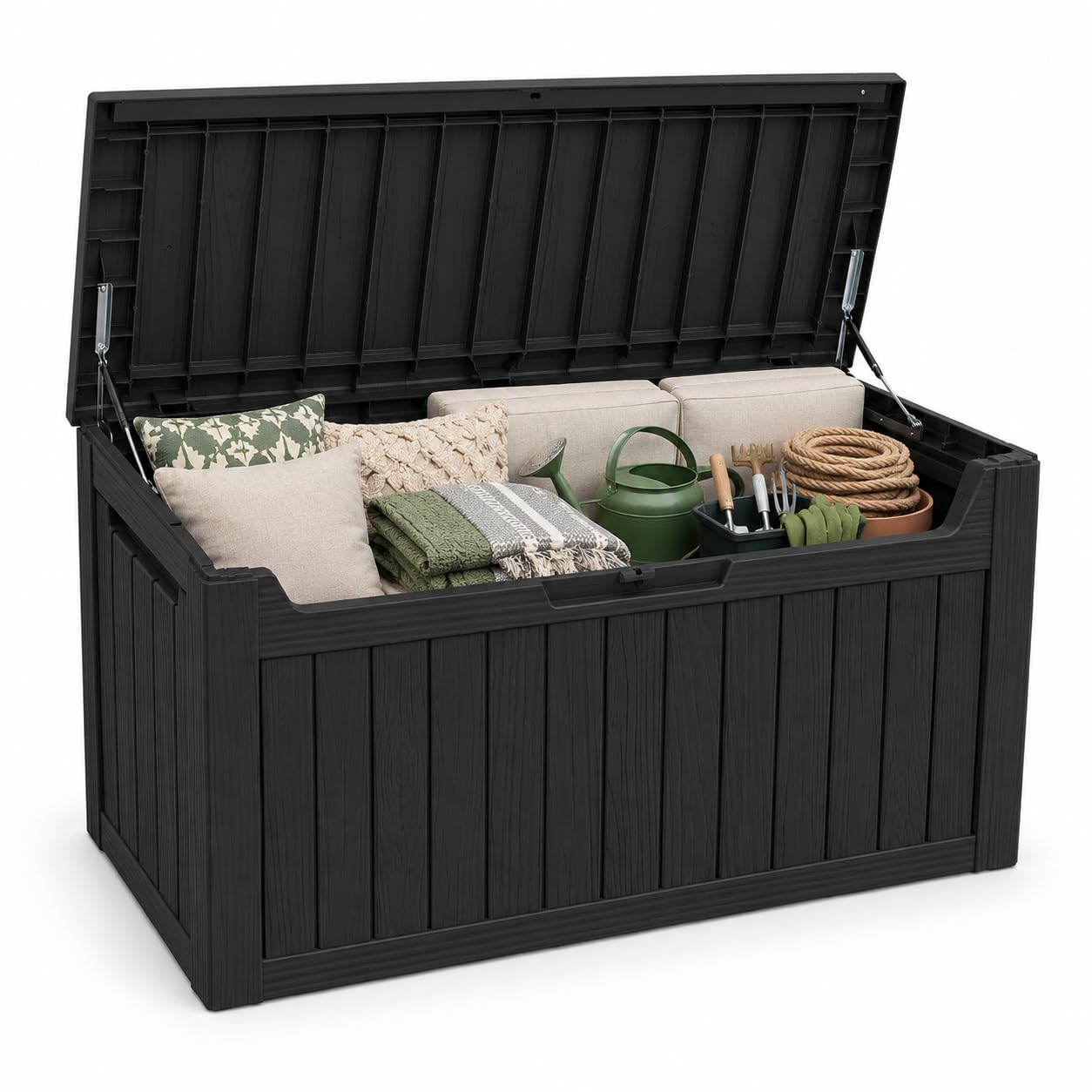 Wacloud 300L / 80 Gallon Outdoor Storage Box, Resin Deck Box with Woodgrain Finish, Lockable Lid & Steel Supports, Weatherproof Patio Storage Bench for Cushions, Garden Tools, Pool Supplies -Black