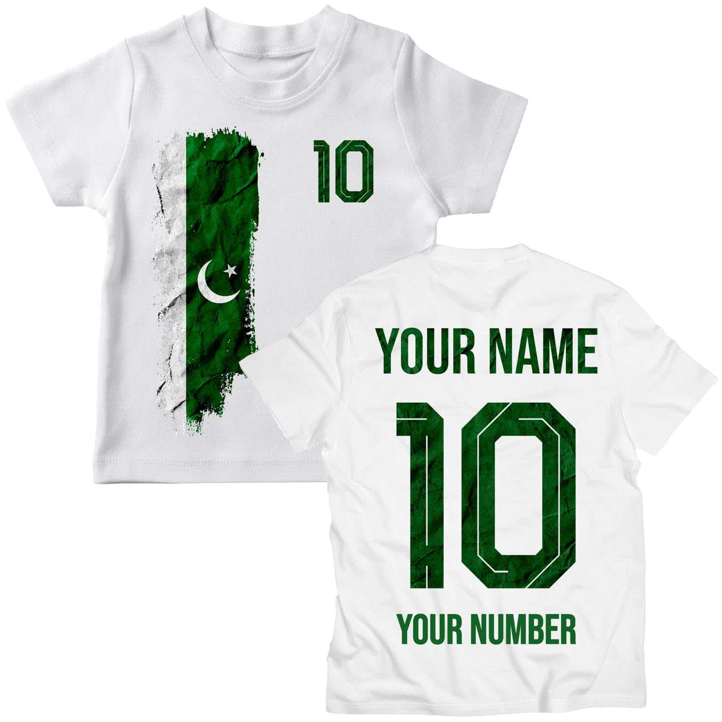 lepni.me Pakistan 2026 Personalised Kids' Football Fan Graphic Cotton T-Shirt, Custom Name and Number, Short Sleeve Supporters Top (5-6 Years White Multi Color)