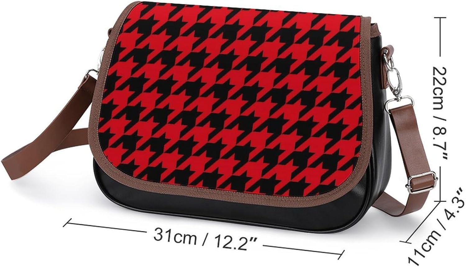 Red And Black HoundstoothWomen's Faux Leather Crossbody Bag, Waterproof Wrinkle-Resistant Shoulder Bag with Detachable Strap, Large Capacity Casual Handbag, Fashion Daily Purse for Shopping Work Datin