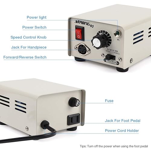 Miniatura 5 de Fuerte 90 65 W 35000 RPM profesional máquina de taladro de uñas de acero inoxidable pedicura uñas pulido manicura máquina