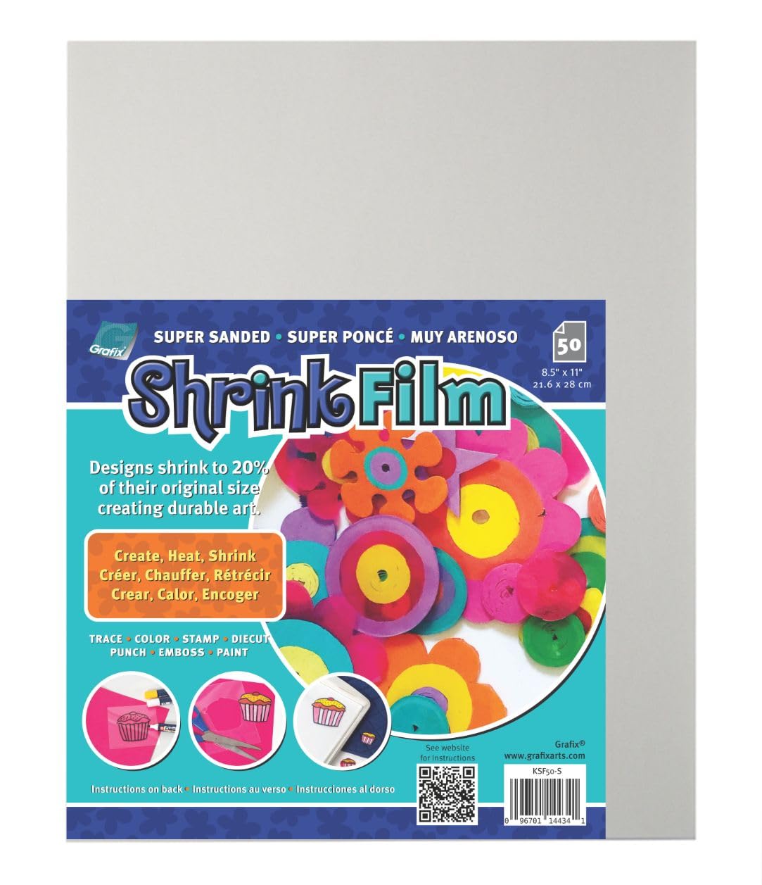 Grafix Shrink Film - Sanded Translucent 8.5"x11" Sheets, Design Your Art and Shrink It to Create Jewelry, Embellishments, Paper Crafts, Gift Tags, Ornaments and More, Pack of 50