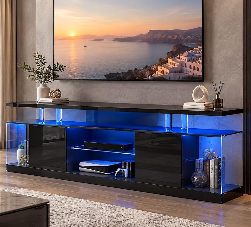 WLIVE 63 inch LED TV Stand for 70 inch TVs, High-Gloss Media Console, Black