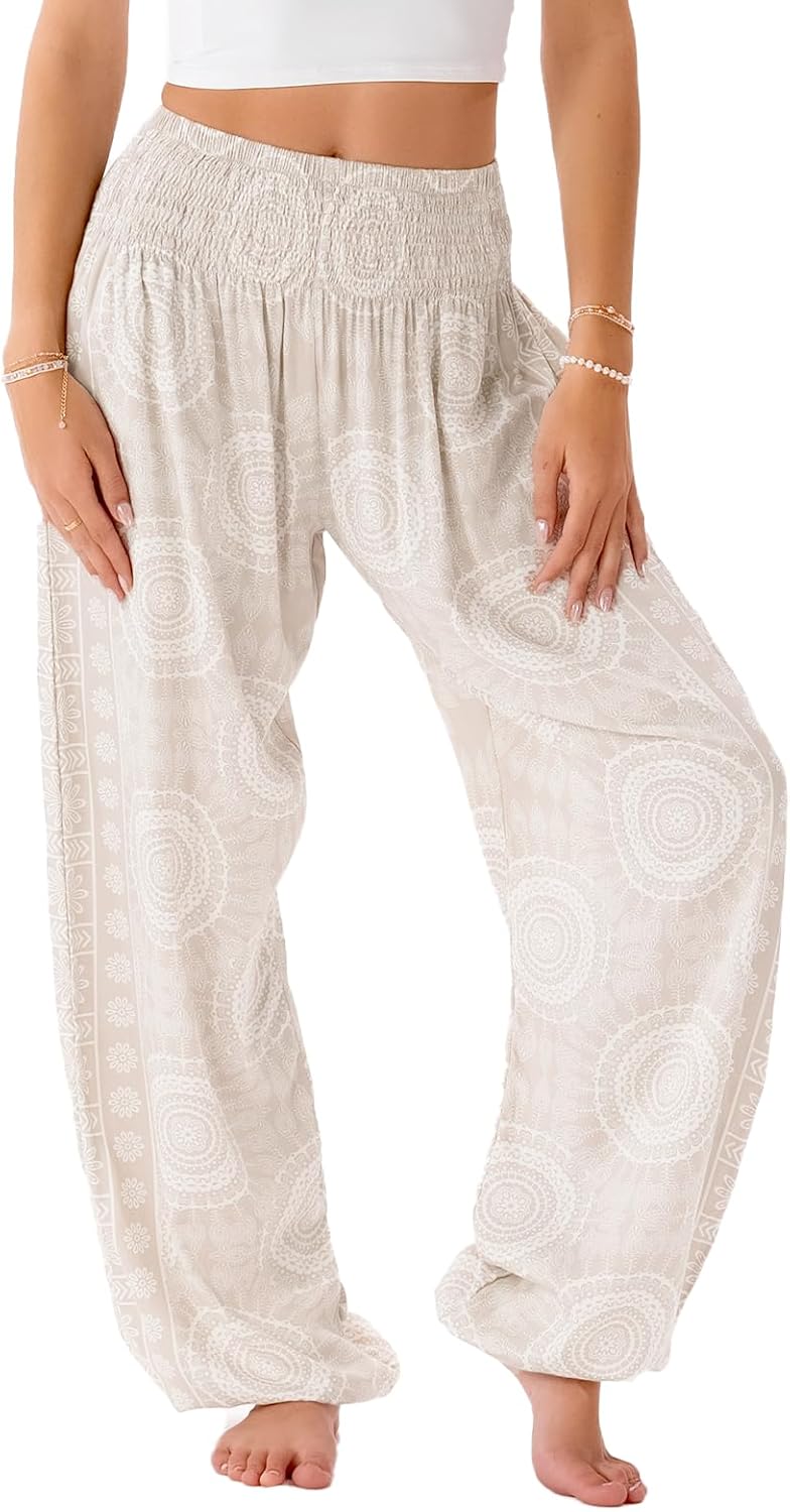 Lotus and Luna Women's Harem Pants Thai Pants for Beach & Lounge High Waisted Flowy Boho Pants Genie Pants Yoga Pants(KOH Lipe, M)
