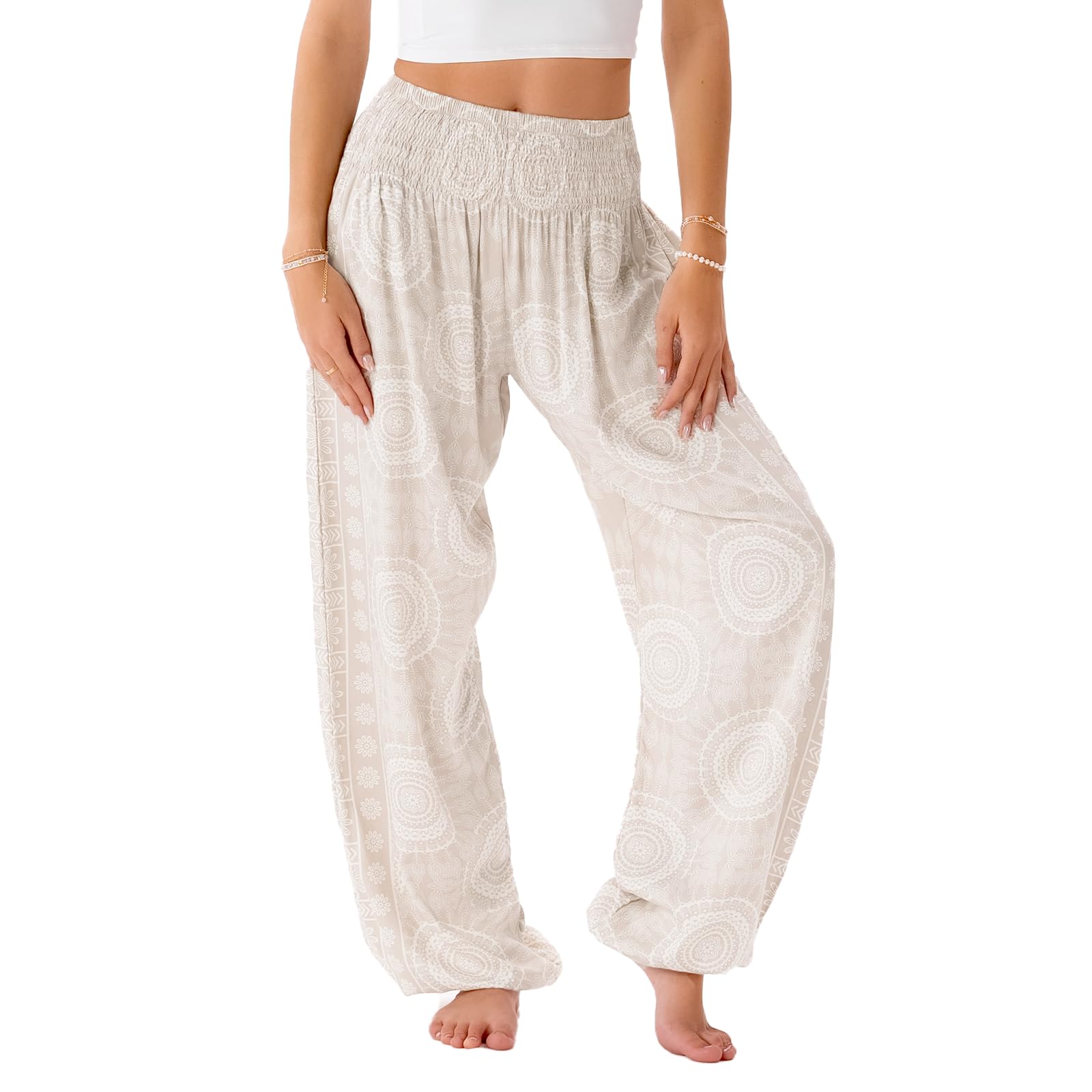 Lotus and Luna Women's Harem Pants Thai Pants for Beach & Lounge High Waisted Flowy Boho Pants Genie Pants Yoga Pants, Koh Lipe, M Petite