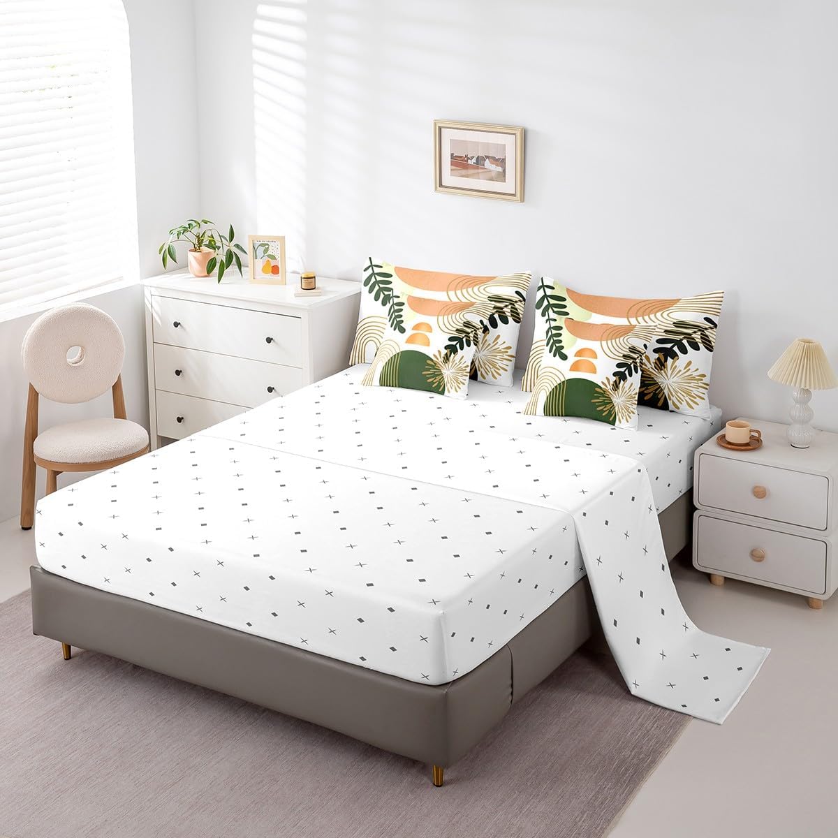 Boho Mid Century 7 Piece Comforter Set Full Bed in a Bag Abstract Geometric Bedding Sets,Modern Minimalist Simplistic Geometric Line Art Sheet Set,Circle Ombre Stripes Room Decor,Orange Green