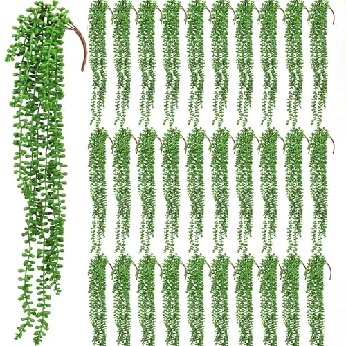 Janinka 32 Pcs Artificial Succulents Bulk Hanging Plants 24 Inches Large Fake String of Pearls Fake Plants Wall Greenery Decor for Garden Indoor Outdoor Decoration