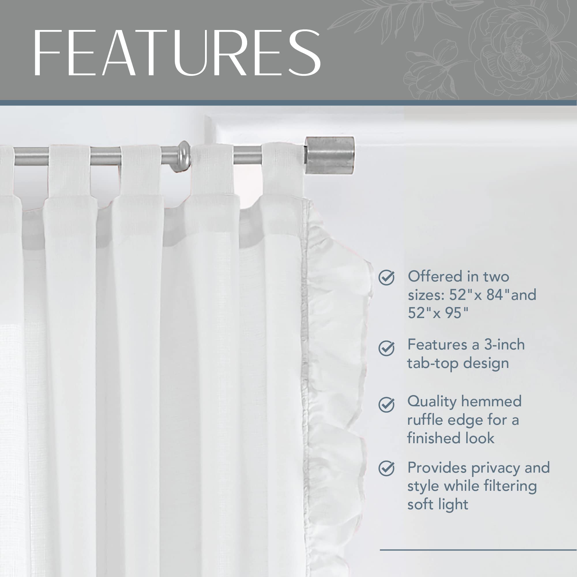 Elrene Home Fashions Tab-Top Ruffle Sheer Window Curtain Panel for Living Dining Room, Bedroom, Cotton, White - Image 3