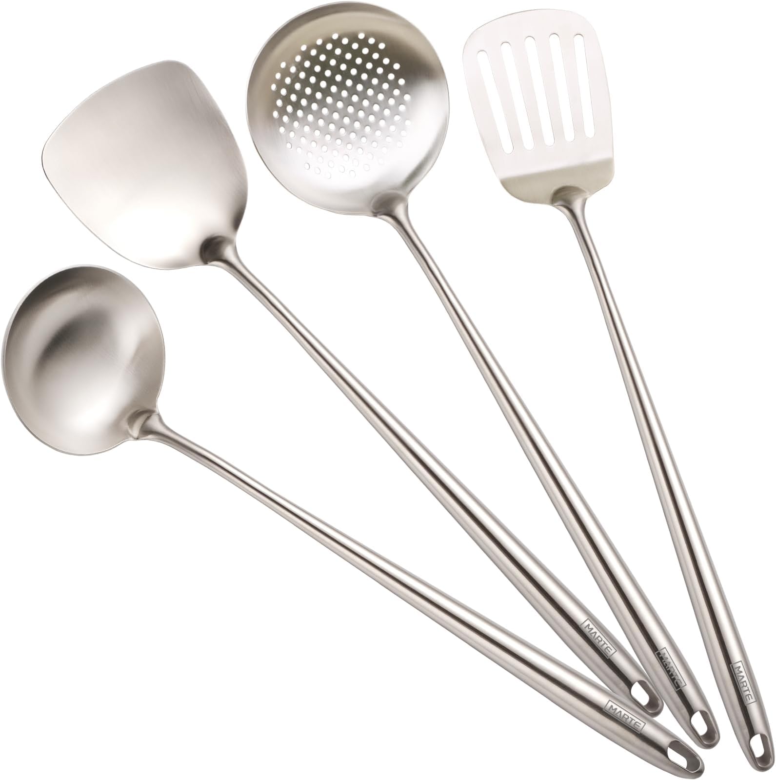 MARTE 17’’ Cooking Utensils Set,304 Stainless Steel Kitchen Spatula Set of 4,Heat Resistant Long Kitchen Utensil for Cooking,Wok Spatula, Soup Ladle, Slotted Spoon,Turner,BPA Free