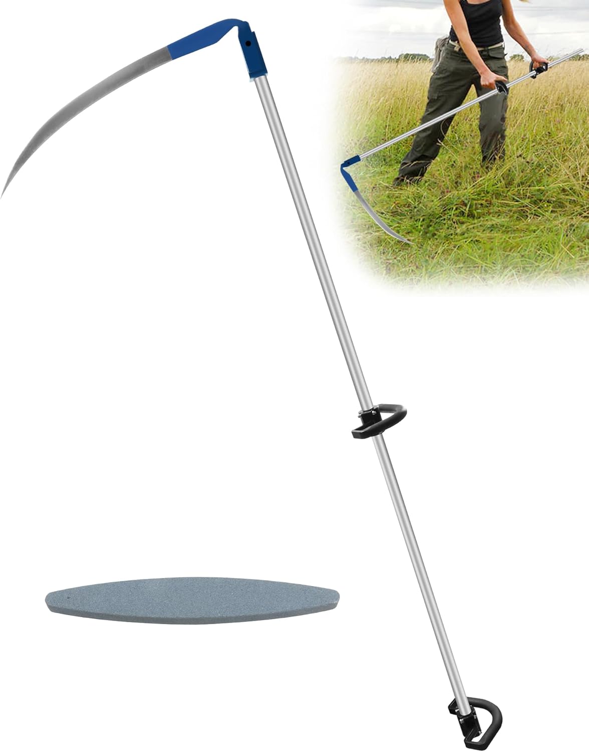27" Scythe for Grass Cutting with Stone, Farming Tall Grass Cutting Long Scythe Tool, 27" Heavy-Duty Steel Blade & 62" Adjustable Handle for Efficient Grass Cut, YardLawn Care, Weed Trimming