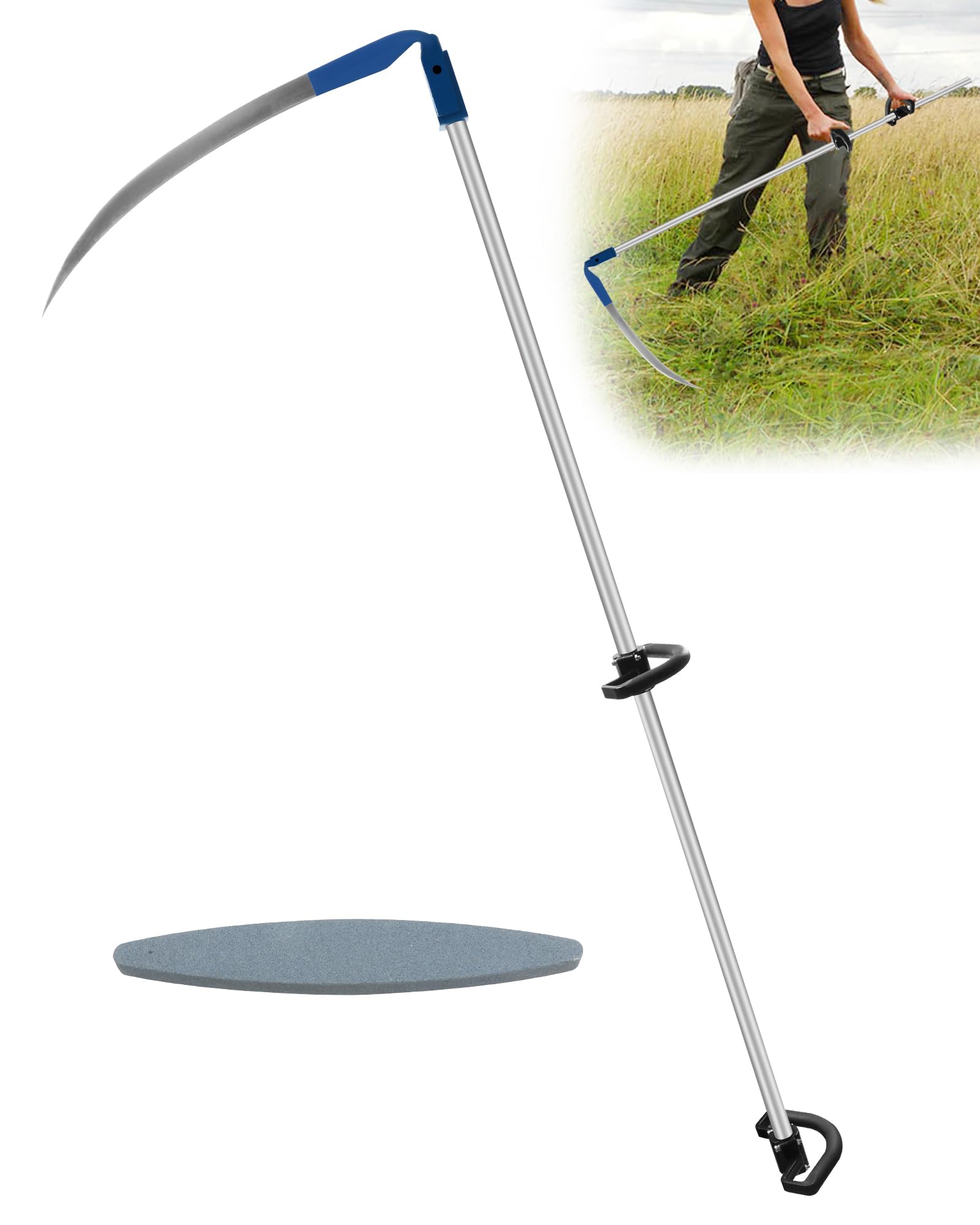 27" Scythe for Grass Cutting with 27" Steel Blade & 62" Handle, Wide-Area High-Efficiency Manual Weeding, Farming Tall Grass Cutting Long Scythe Tool for YardLawn Care, Weed Trimming with Stone