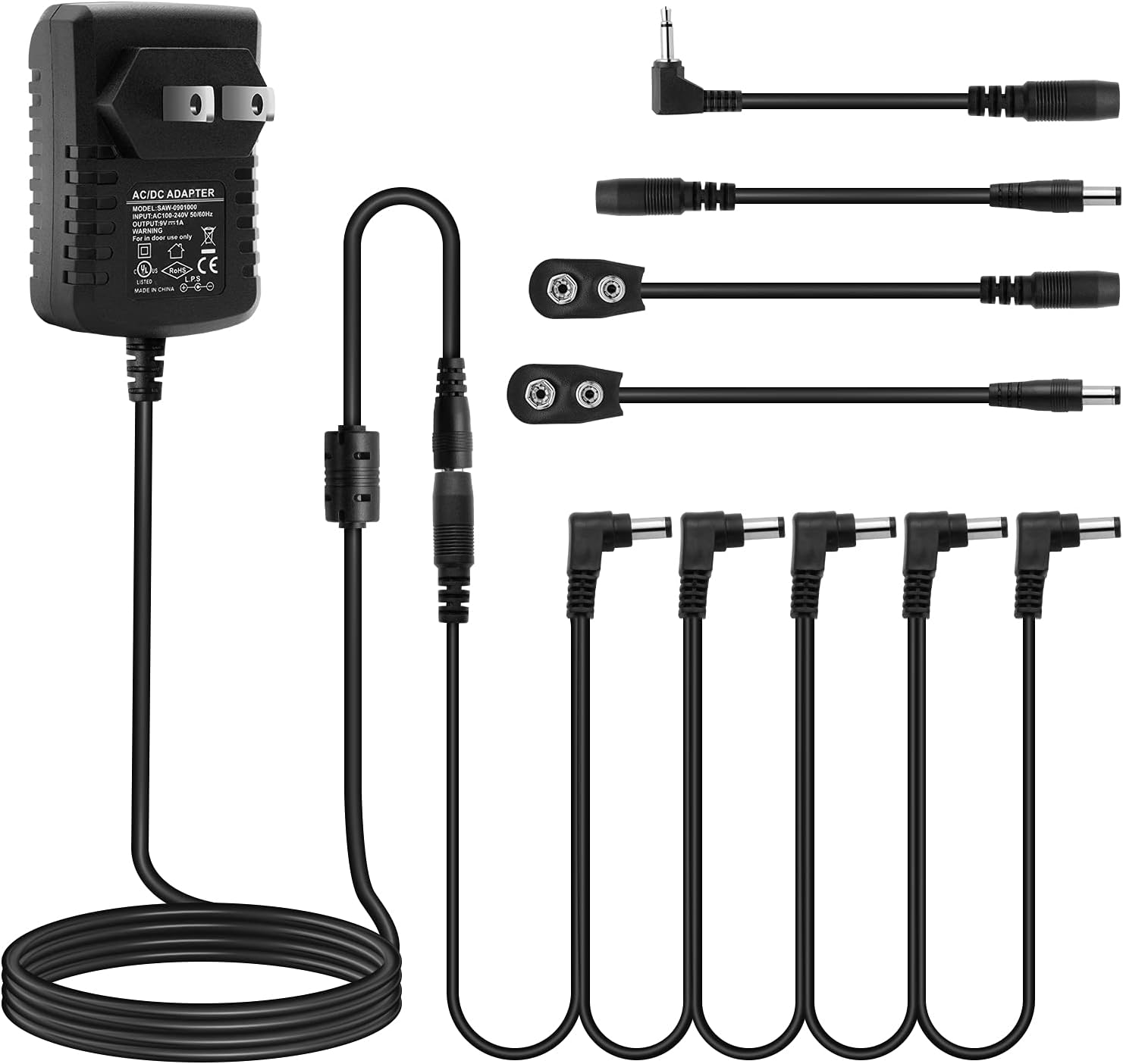 Guitar Pedal Power Supply Adapter 9V DC 1A(1000mA) with 5 Way Daisy Chain Cable for Effect Pedal Negative Tip CP-07A