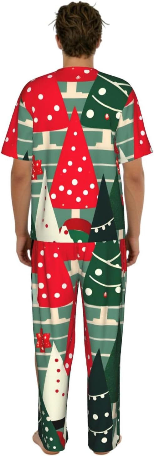 Men'S 2 Piece Loungewear Pajama Set Christmas Trees Print Short Sleeve Tee Top And Pants Set S-3xl