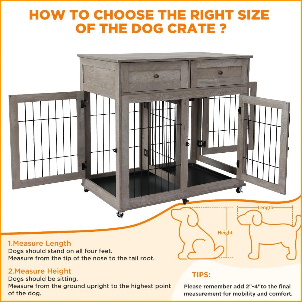 Dog Crate Furniture with 2 Drawer,39.4" Large Wooden Dog Kennel Crate End Table with Wheels,Dog Cage Dog House for Small/Medium/Large Dog,Sturdy Anti-Chew Grey