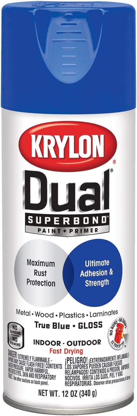 Krylon K08820007 'Dual' Superbond Paint and Primer, Gloss True Blue, 12 Ounce