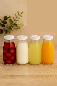250ML Transparent Jug Milk, Ayran, Water, Lemonade, Soft Drink Bottle Glass Bottle with 4 White Plastic Lids