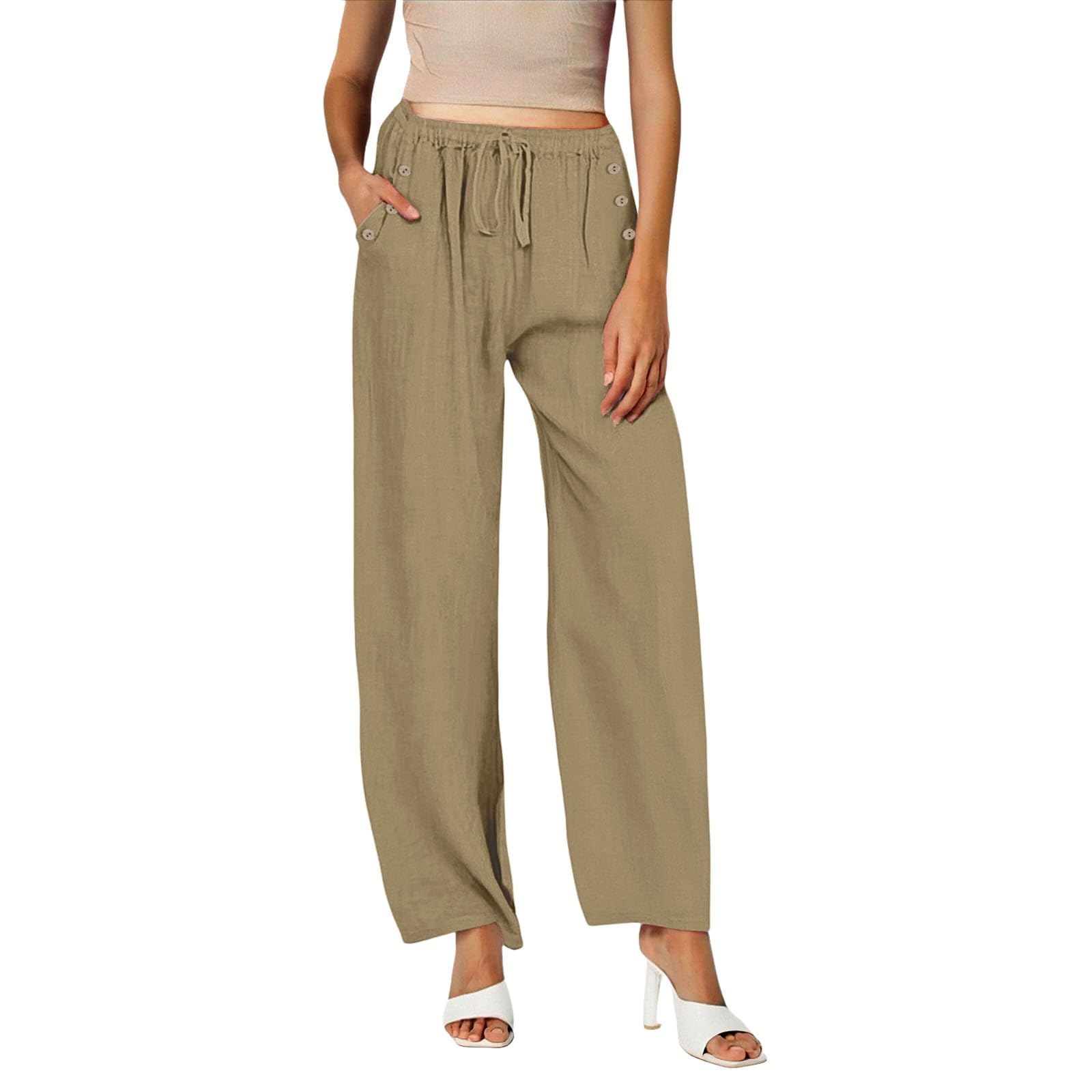Generisch Pantalon d'été élégant en lin pour femme - Pantalon d'été léger - Pantalon sarouel - Couleur unie - Pantalon de loisirs élégant - Pantalon ample pour femme - Avec poches - Taille haute