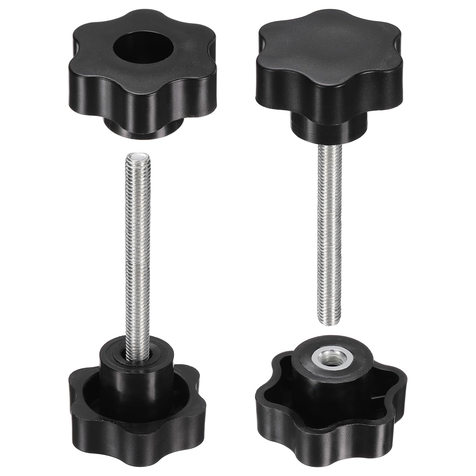 sourcing map 2 Set Star Knobs M8 x 100mm Male + M8 Female Thread 48mm Head Metric 6-Star Threaded Stud Clamping Handles Screw in Through Hole Hand Jig Knob Thumb Screws, Black