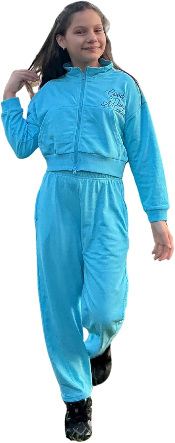 Pumpkin By L.E. Girls’ 2-Piece Sweatsuit Set, Zip-Up Hoodie with Wide-Leg Pants, Soft Cotton Lounge Outfit, 5–14 Years