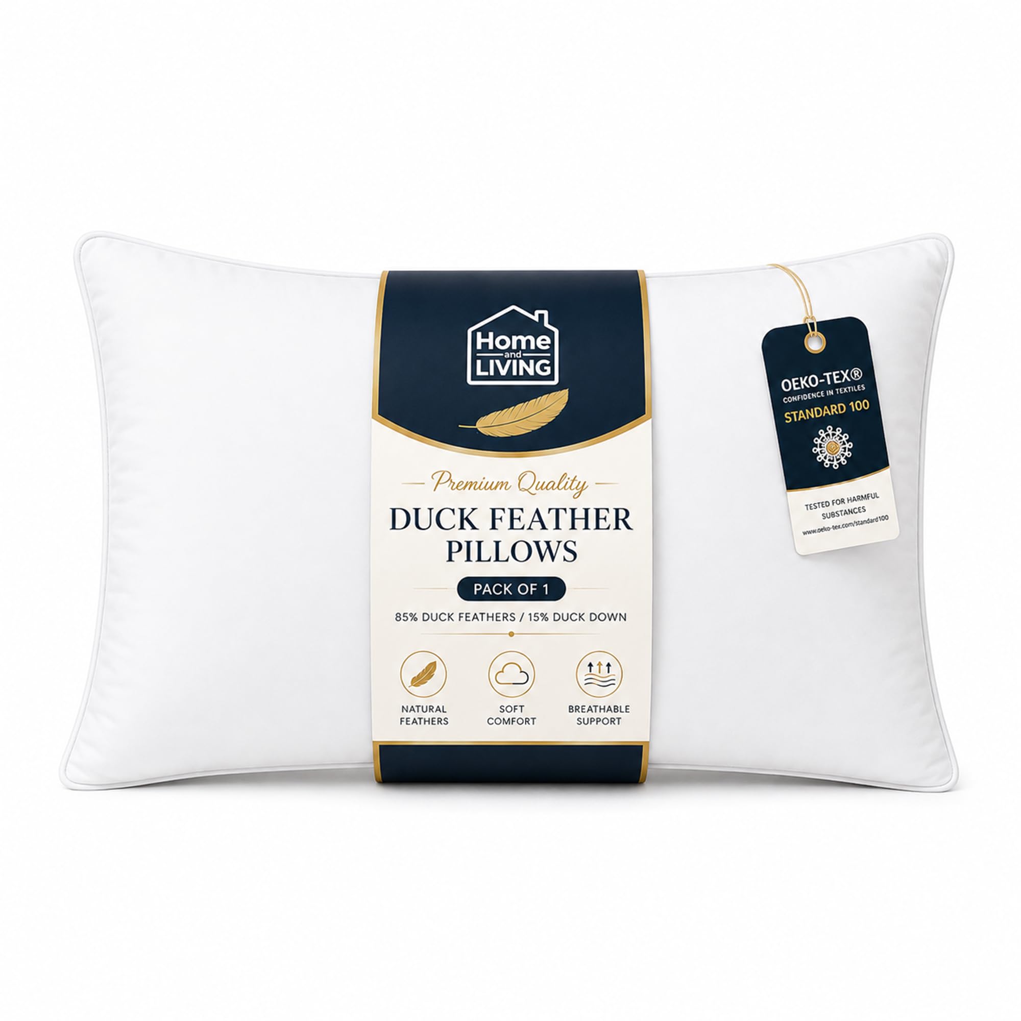 Home and Living Duck Feather Pillows | 1 Pack Luxury Feather Filled Bed Pillows| 100% Microfibre Cover | Comfy Hotel Quality Soft & Supportive Sleeping Down Pillows