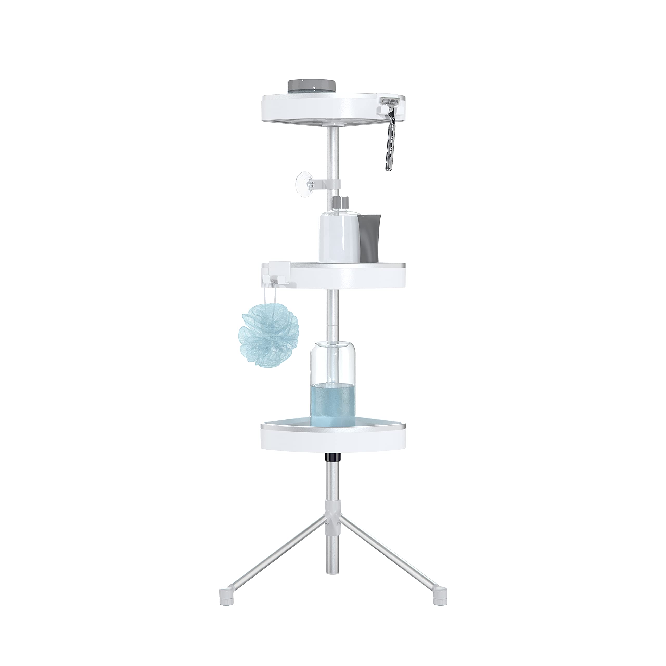 Better Living HiRise 3 - Organizador de ducha de pie, ajustable, 3 cestas grandes, organizador de ducha de baño de aluminio inoxidable con ganchos de almacenamiento, sin taladro, organizador de ducha
