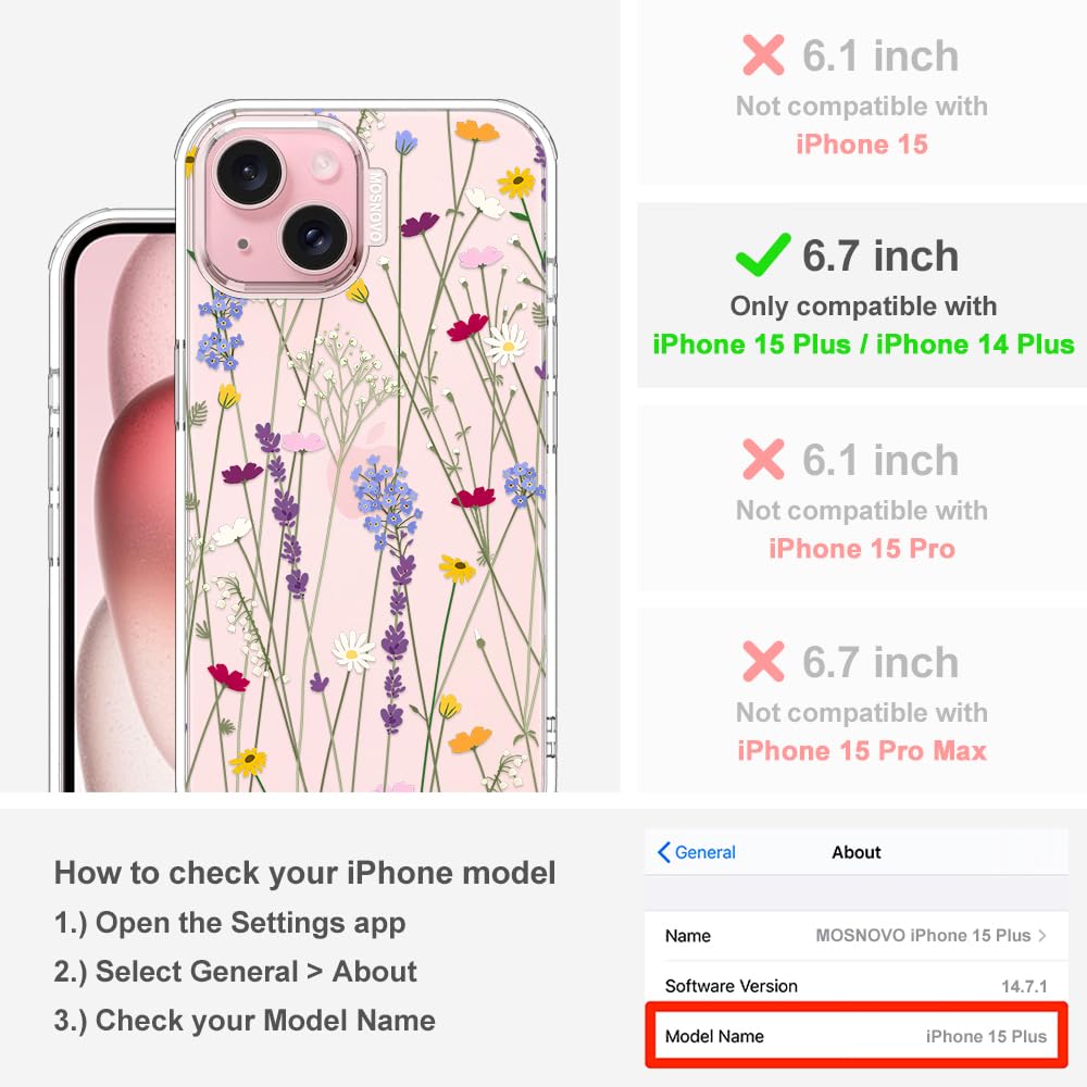 MOSNOVO Case for iPhone 15 Plus / 14 Plus [Buffertech 6.6ft Military-Grade Drop Protection] [Anti Peel Off Tech] Clear TPU Bumper Phone Case Cover Design - Floral Garden — view 2