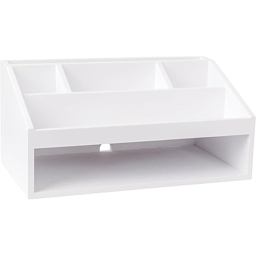Martha Stewart Weston Wooden Desktop Organizer with Open Lower Storage Compartment, Engineered Wood Multipurpose Storage Caddy, White