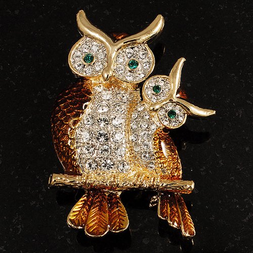 Avalaya Two Sitting Diamante Owls Brooch (Gold Tone) #TOP1