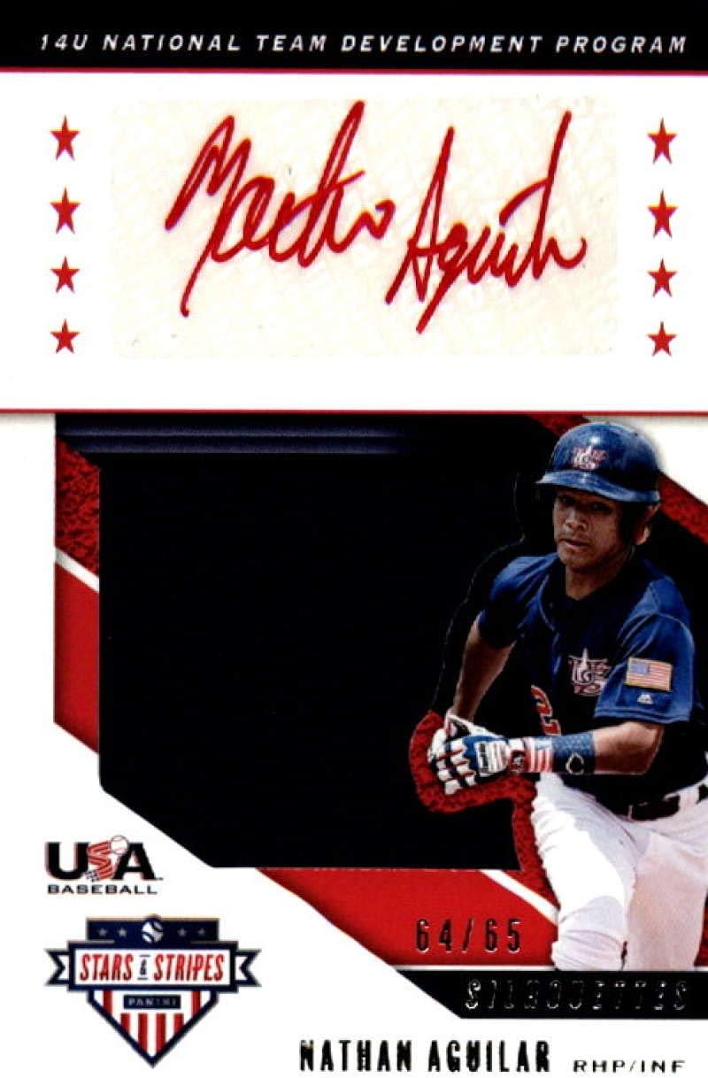 2019 Panini Stars and Stripes USA BB Silhouettes Signatures Jerseys #147 Nathan Aguilar Jersey/Relic Auto Autog Official USA Baseball Trading Card in Raw (NM or Better) Condition