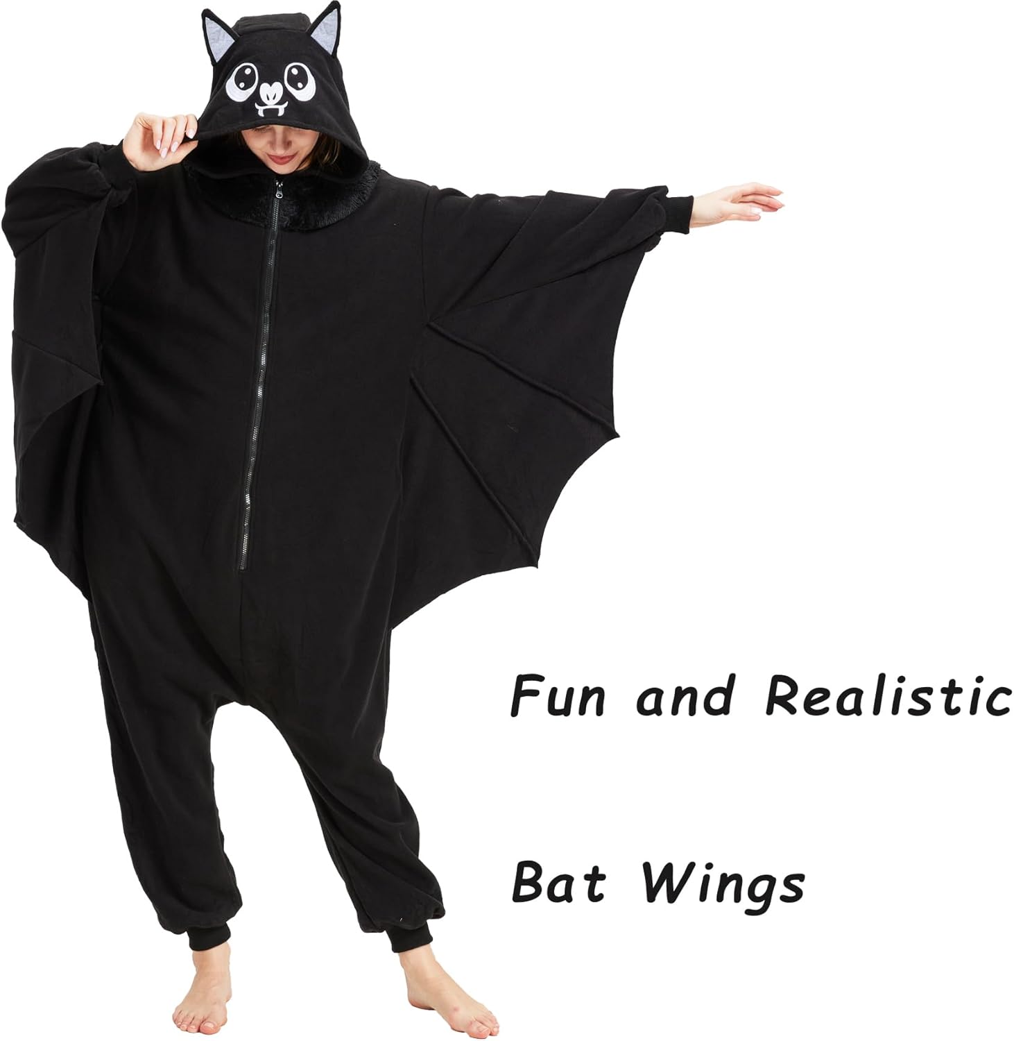 Adult Bat Onesie Costume with Wings Halloween Animal Cosplay One-Piece Pajamas for Women and Men - Image 3
