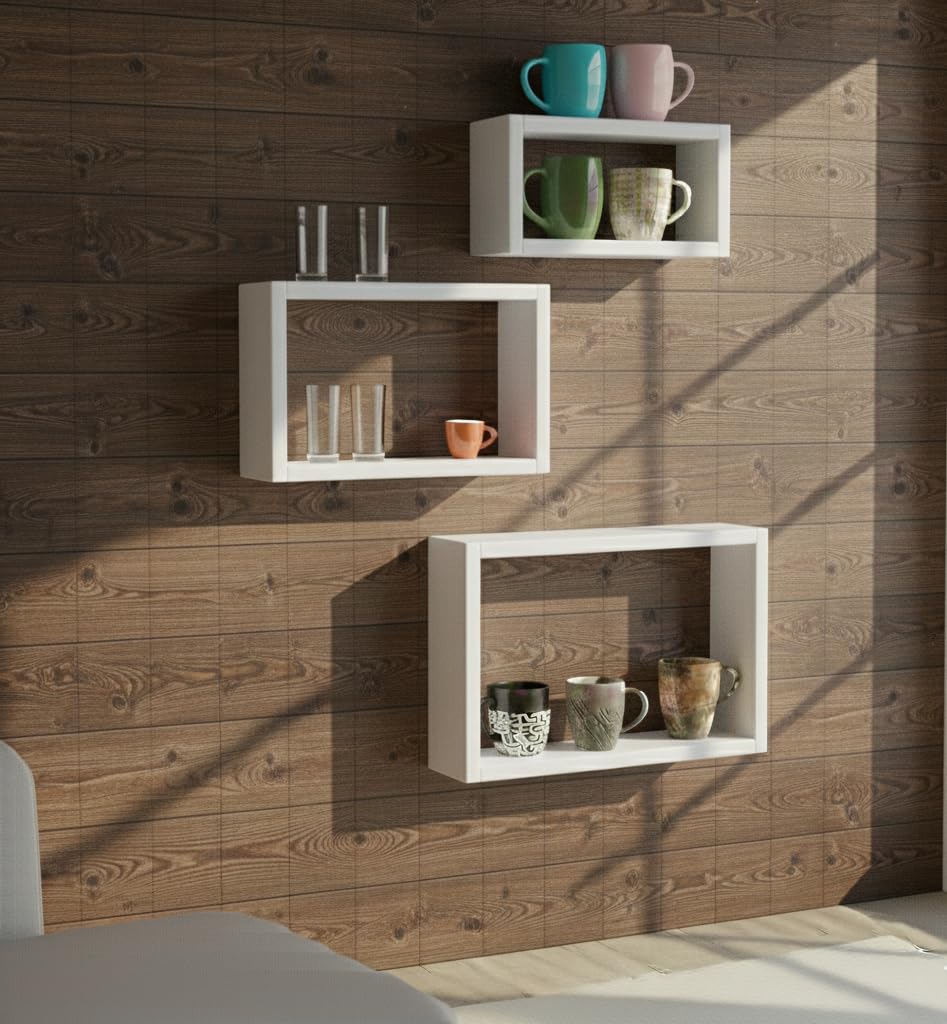 Set of 3 Wood Floating Cube Shelves, Quality Wood Bathroom Storage White-picture-20