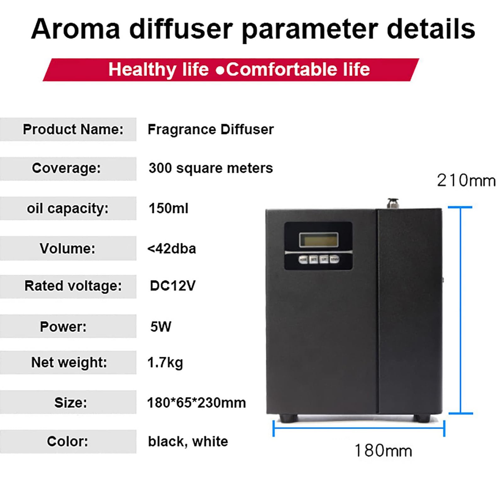 Difusor de aroma, gran cobertura de hasta 300 m³, difusor de aceites esenciales con pantalla LED y control táctil, ideal para uso doméstico y hotelero