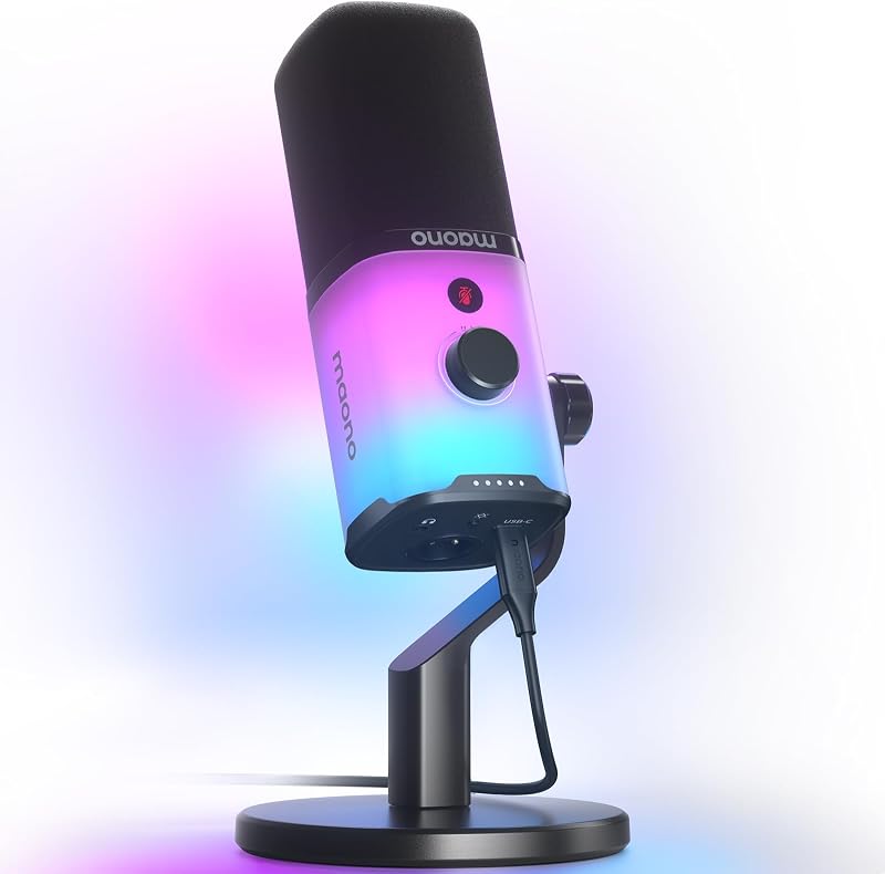 Micrófono de podcast MAONO PD100X USB/XLR para PC, micrófono dinámico de transmisión de juegos | Reducción de ruido, toque para silenciar, RGB personalizado, compatibilidad con Maono Link, control de volumen y ganancia, soporte de escritorio, para grabación por computadora, reunión