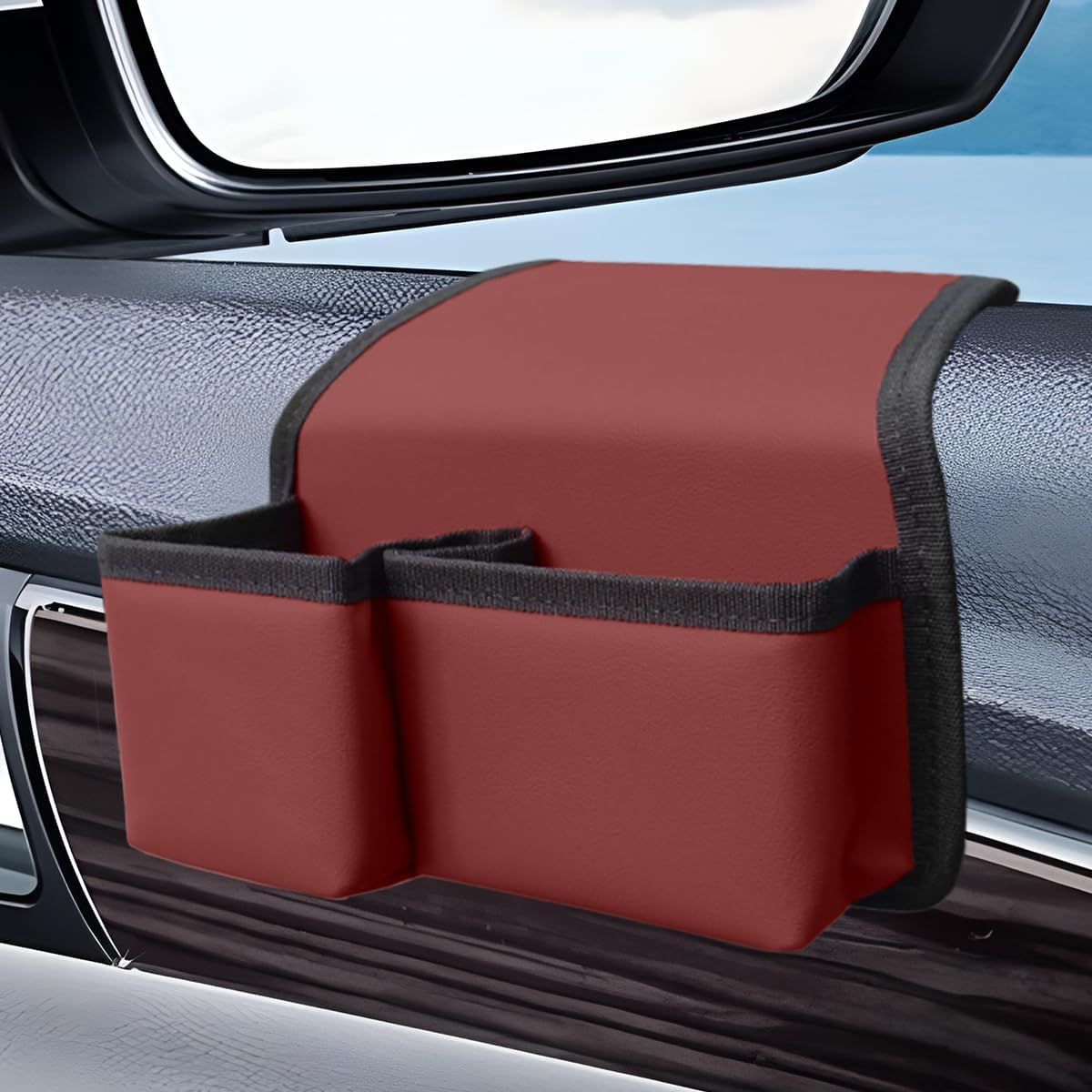 Hanging Car Door Window Cup Holder, Multifunctional Leather Car Cup Holder, Foldable Self-Adhesive Auto Interior Storage Organizer for Phone, Key, Bottle (Black)