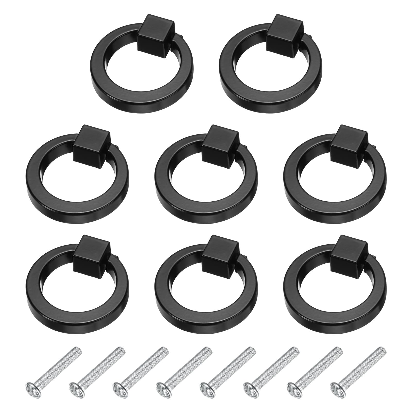 sourcing map 8Pcs Drawer Pulls Rings, 1.6" Zinc Alloy Solid Furniture Ring Pull Single Hole Dresser Door Handles with Screws for Kitchen Bedroom Dresser Cupboard Wardrobe, Black