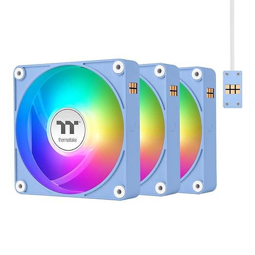 Thermaltake CT140 EX ARGB PC Cooling Fan Hydrangea Blue 3-Fan Pack, Magnetic Connection, 5V Motherboard Sync, 16.8 Million Colors 9 Addressable LEDs, 140 mm Case/Radiator Fan, CL-F197-PL14BU-A