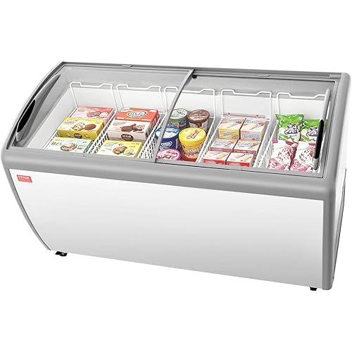 VEVOR Commercial Ice Cream Display Case, 16.3 Cu.ft Chest Freezer, -19 to 3℉ Temp Adjustable Mobile Top Deep Freezer with 5 Wire Baskets, 2 Sliding Glass Doors, Locking Casters & LED Strip Lighting