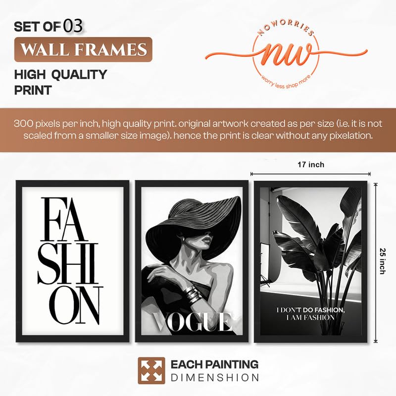 Image of NoWorries Modern Fashion Wall Art Frame Paintings 300 GSM Premium Prints | Vogue Lady Art, Botanical Print & Typography Frames | Stylish Home Decor for Living Room, Office & Bedroom | Synthetic Wooden Finish Wall Art Frames (Set of-3) (BLACK, ART-13, 17X25INCHES)