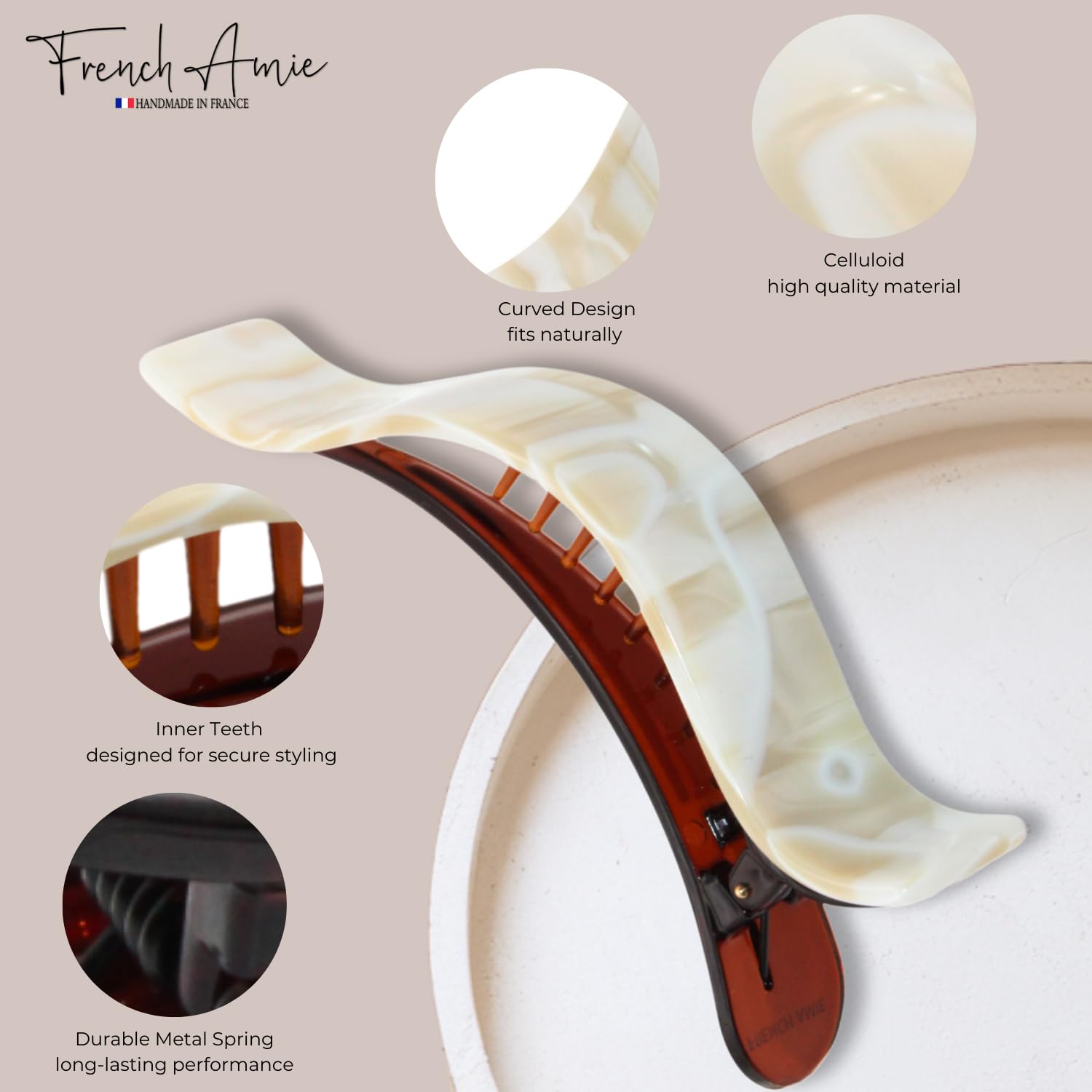 French Amie Duckbill 4" Celluloid Acetate Handmade Alligator Clip, Hair Clip for Girls, Beak Hair Clips for Styling Women Hair Accessories (Ivory)