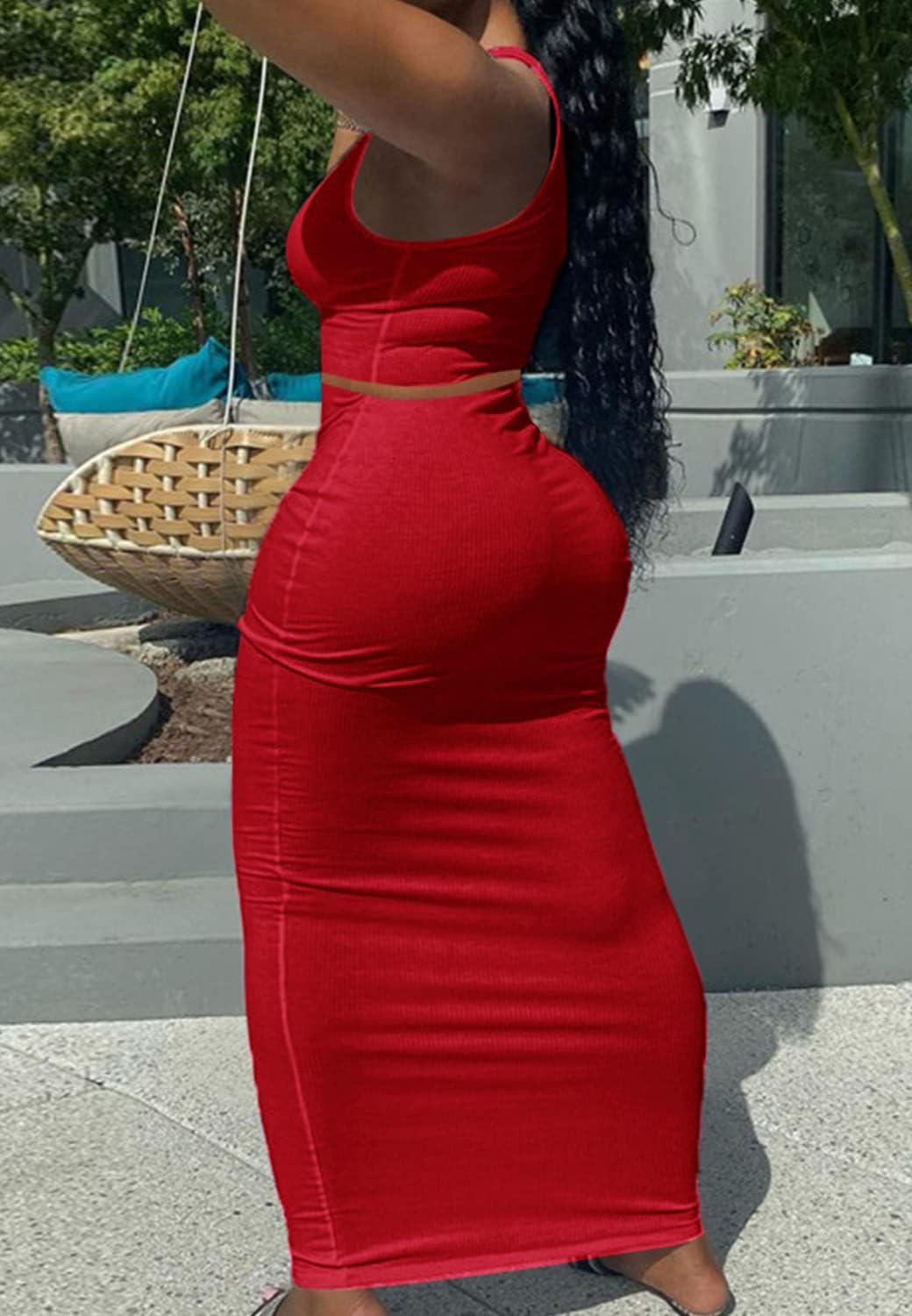 2 Piece Outfit Maxi Dress for Women, Summer Deep U Neck Sleeveless Tank Crop Tops Long Skirt Set Party Bodycon Dresses - Image 5