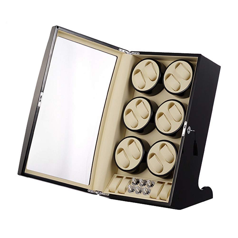 Vitrina móvil para 12 Relojes + 4 Posiciones de Almacenamiento Vitrina automática Caja relojera Motor con cojín de Cuero 5 Modos de rotación Madera lacada para Piano The New