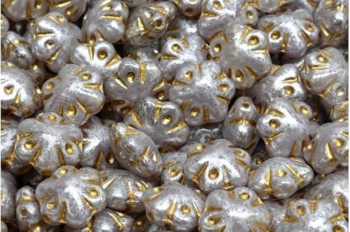 Outlet 10 Grams Folklore Flower Beads, 11 x 11 mm, R0231 Gold Lined Silver Gray (R0231-54302-34301), Glass, Czech Republic (11 x 11 mm)