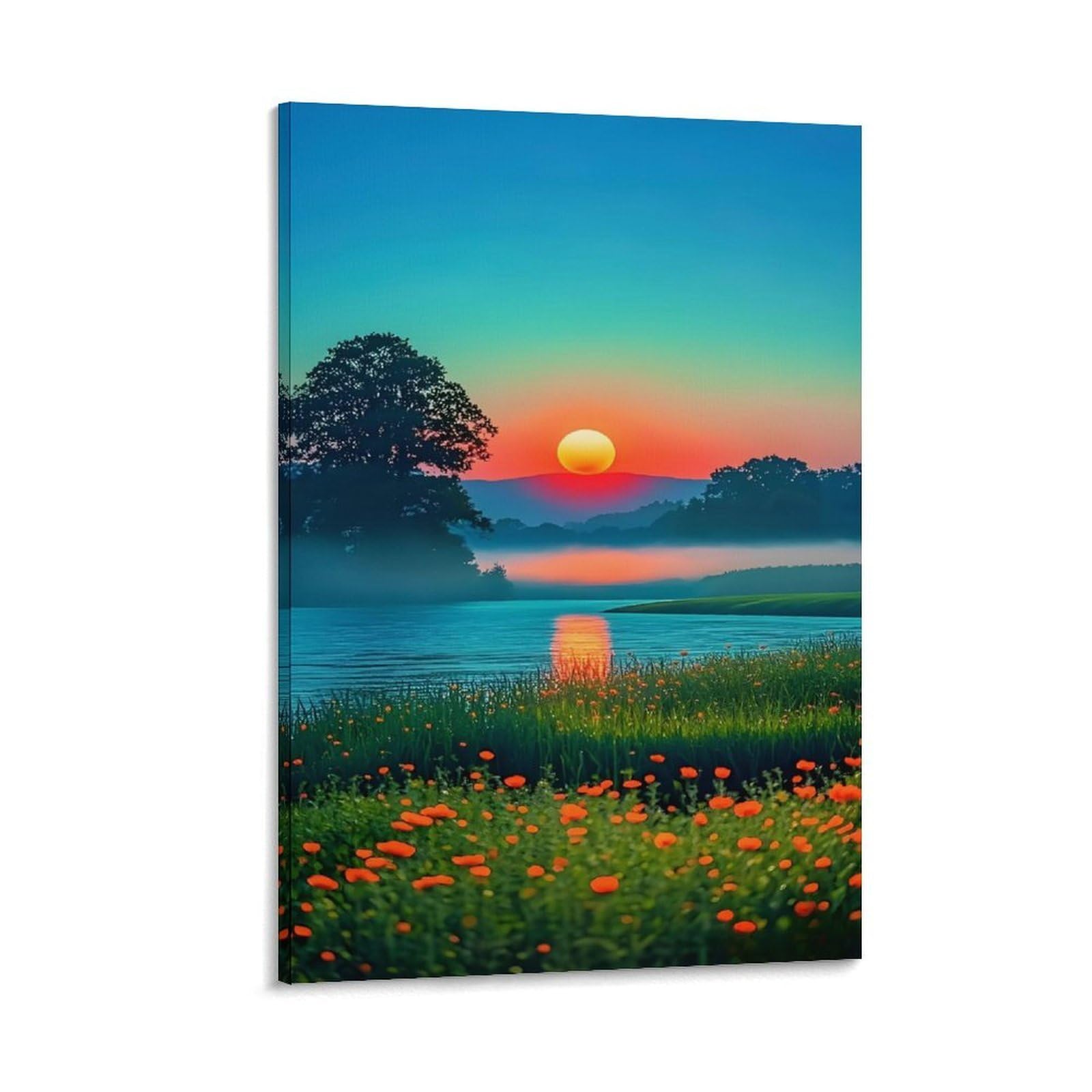 IEJKLUVWX Crimson Lake Sunset Wall Posters Teal Water Horizon Waterproof Canvas Lightweight Easy to Install for Hallway Sofa Background Housewarming Gift Unique 20x30inch(50x75cm)